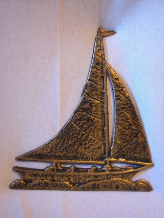Vintage Brass Wall Hanging 10 " Tall Sailboat W/ Antique Brass Finish