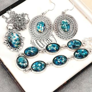 Rare Vintage Green Blue Fire Opal Glass Bracelet Pendant & Large Earring Set