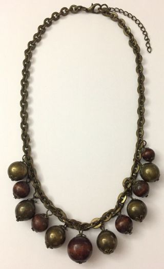 Vtg Wood & Brass Tone Antiqued Metal Chain Bauble Hanging Beaded Necklace 18 "