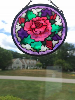Vintage Stained Glass Floral Sun Catcher Round 3.  5”