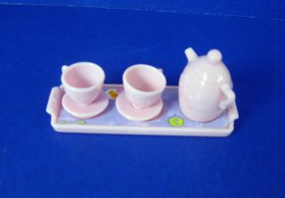 Mattel 2003 Tara Toy Co.  Barbie Doll Size Tray,  Pink Teapot,  2 Cups,  2 Saucers