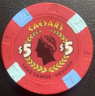 Old $5 Caesars Hotel Casino Poker Chip Vintage Antique H/c Mold Lake Tahoe Nv