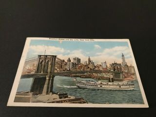 Posted Vintage Postcard 1929 Brooklyn Bridge And Sky Line,  York City