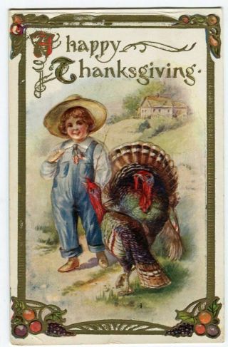 Antique Thanksgiving Postcard Boy In Overalls With Turkeys 1910 102815
