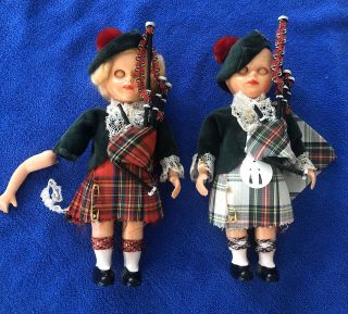 Vintage Scottish Dolls W/bagpipes 6.  5” Hard Plastic Sleepy Eyes