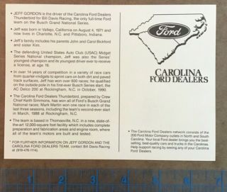 Jeff Gordon Carolina Ford Bush Grand National Rookie Post Card Rare - Signed 2