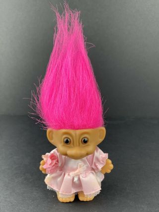 Vintage 3 " Russ Troll Doll Flower Girl In Pink Dress Pink Hair Wedding
