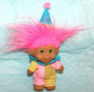 Vintage Troll Doll Hot Pink Hair W/green Eyes Colorful Clown Over 7 " W/the Hat