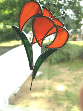 Vintage Stained Glass Window Suncatcher Ornament Orange Flower