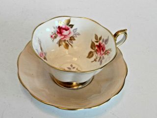 Vtg Royal Albert Bone China Teacup & Saucer,  Cream Floral,  Gold Trim