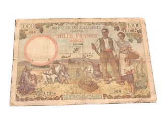 Algeria Algerie Tunisia Tunisie 1000 Francs Pick 86 Vishy Government 1942 Rare
