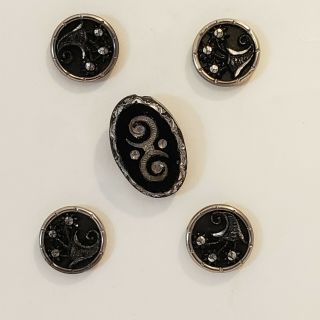 4 Metal Wraped Black Glass Buttons With Silver Luster Metal Shank Bonus Oval