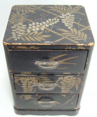 Antique Japanese Dollhouse Miniature 3 Drawer Dresser Lacquer Hand Painted