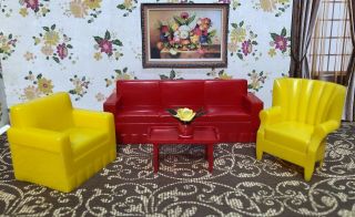 Marx Sofa,  Coffee Table,  Chairs Vintage Tin Dollhouse Furniture Plastic 1:24
