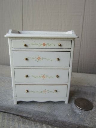 Vintage Dollhouse Miniature Wood White Chest Of Drawers With Painted Flowers