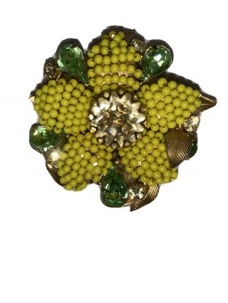 Rare Vintage Hattie Carnegie Yellow Beaded Flower Pin Brooch Green 2 1/4”