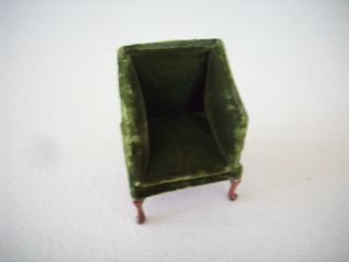 Vintage Miniature Doll House Green Velvet Chair With Wooden Club Legs
