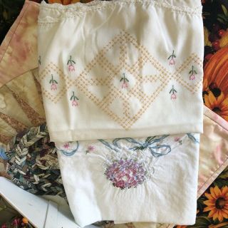 2 Antique Vintage Handmade Embroidered Cotton Linen Pillowcase Pillow Case