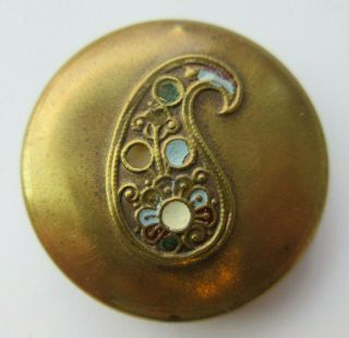 Fabulous Xl Antique Vtg Brass Metal Button Cold Painted Enamel Paisley (p)