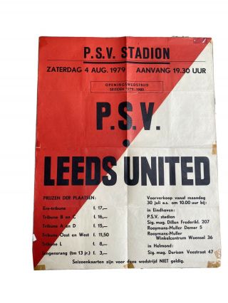 Rare Poster 1979 Psv Eindhoven V Leeds United Friendly Fa Cup England