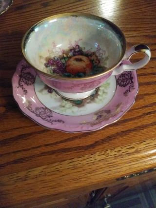 Vintage Royal Halsey Iridescent Very Fine Fruit Tea Cup And Saucer Gold Trimmed