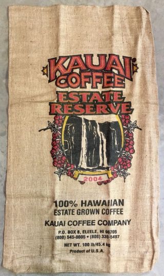 2004 Kauai Coffee Beans 100 Burlap Bag 22x39 Sack Waterfall Kalaheo Hawaii Rare