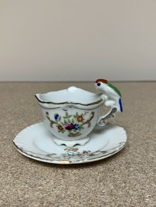 Vintage Japanese Porcelain Miniature Parrot Handle Tea Cup & Saucer