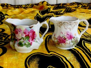 Vintage Pair Set Of Porcelain Creamers Sweet Pink Rose Flowers Unmarked German?