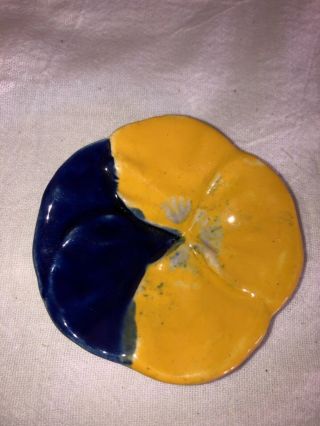 Antique Majolica Butter Pat - Pansy - Cobalt Blue/yellow - Victorian