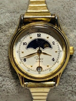Vintage Ladies Timex Moon Phase Gold Tone Quartz Watch Parts/repair