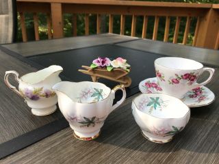 Vintage Queen Anne English Bone China Assortment Saucer Cup Creamers And Sugar