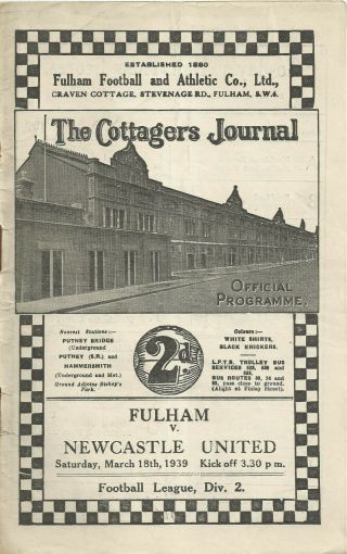 Rare Pre - Ww2 War Football Programme Fulham V Newcastle United 1939
