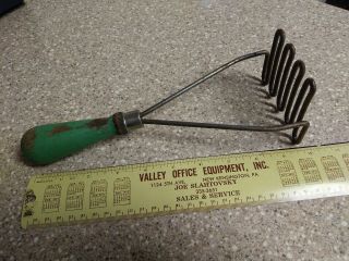 Antique Vintage Green Handled Potato Masher with Wooden Handle 2