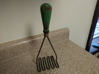 Antique Vintage Green Handled Potato Masher with Wooden Handle 3