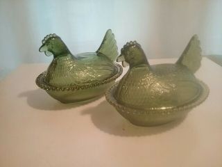Set Of 2 Vintage Rare Indiana Carnival Glass Green Nesting Hen Candy Dishes.