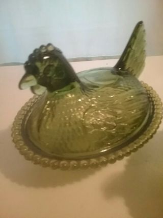 Set of 2 Vintage Rare Indiana Carnival Glass Green Nesting Hen Candy Dishes. 2