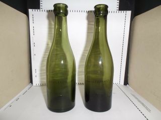 2 Antique Green Whiskey/wine/beer Bottles,  Spun In Mold,  No Seam Lines,  Early Crown