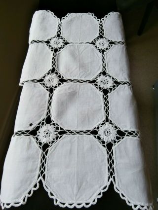 Vintage White Cotton With Hand Worked Crochet Lace Table Runner 20 " X 14 "