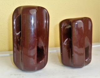 2 Antique Vintage Brown Guy Wire Porcelain Ceramic Insulators 5 1/2 " And 4 1/2 "