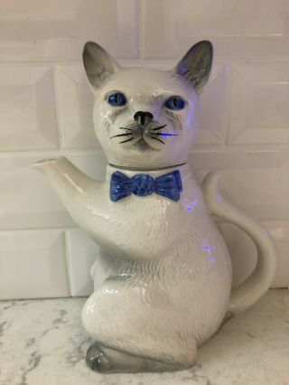 Vintage Tony Wood Ceramic White Cat Tea Pot With Lid Rare