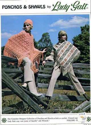 Lady Galt Ponchos & Shawls Knitting Crochet Pattern Book Vintage 1970s Pics Mod