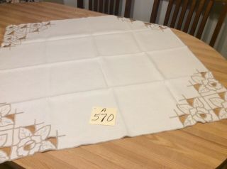 32” X 32” Table Topper Antique White Linen Outlined Floral Design On Corners