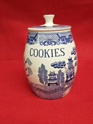 Vintage Rare Blue Willow Cookie Jar Barrel Shape - Collector 