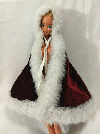 Vintage Barbie Doll Clothes - Velour Dark Red Ridding Hooded Cape W White Fur