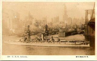 Antique Rppc Postcard Wwi Uss Arizona Battleship N.  Moser Nyc Skyline Rare