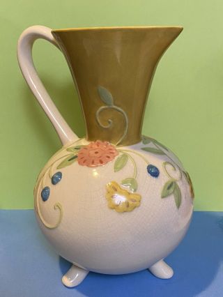 Rare Htf Mary Engelbreit Footed Pitcher 9” W/ Flowers & Soft Colors