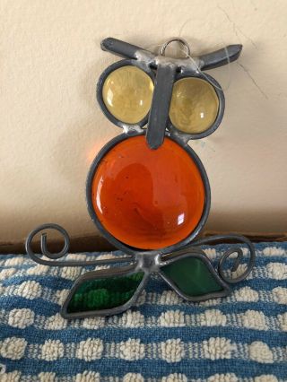 Vintage Leaded Stained Glass Owl Sun - Catcher Window Hanging