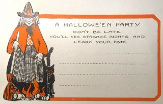 Vintage Halloween Party Invitation Witch And Black Cat Rare