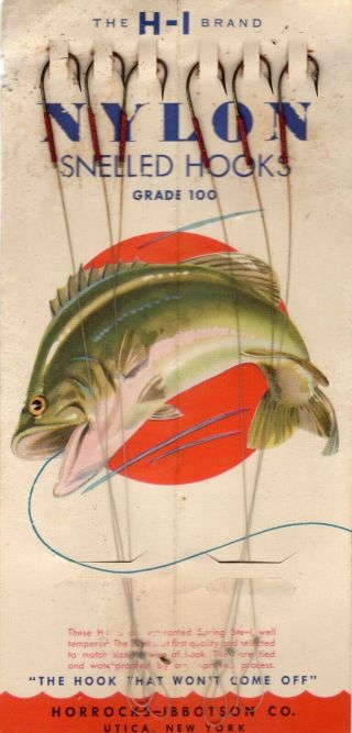 Horrocks Ibbotson H - I Brand Grade 100 Snelled Fish Hooks Display Card Vintage