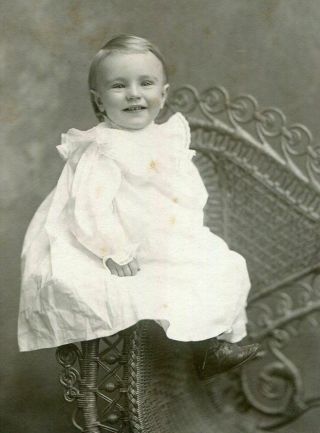 Antique Cabinet Card Photo Smiling Little Victorian Child On Rattan Chair